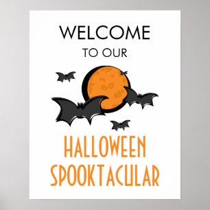 Välkomstskylt för fladdermöss och Måne Halloween f Poster