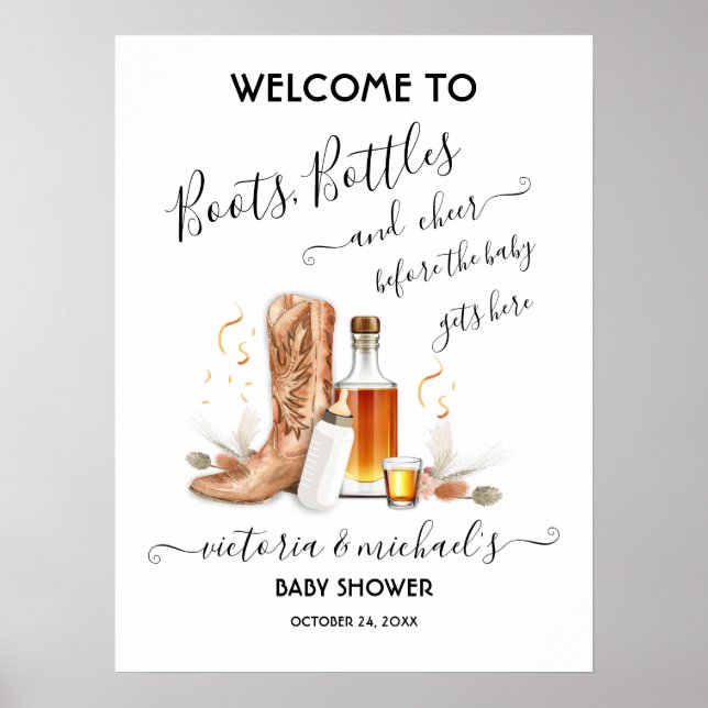 Välkomstskylt för Flaskor Boots Baby Shower Poster (Framsidan)