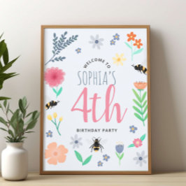 Välkomstskylt för Flickor Cute Blommigt Bee Birthd Poster