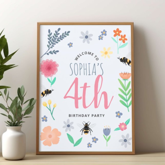 Välkomstskylt för Flickor Cute Blommigt Bee Birthd Poster (Skapare uppladdad)