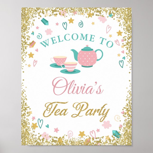 Välkomstskylt för flickornas tea Party Guld Glitte Poster (Framsidan)