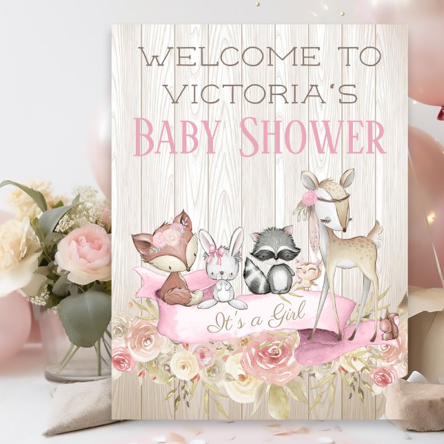 Välkomstskylt för flickskoppling poster (Sweet woodland baby shower welcome sign. Simply add your event details.)