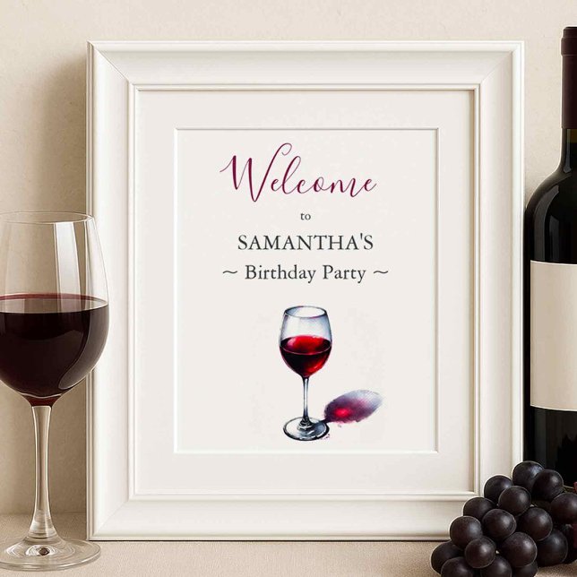 Välkomstskylt för Födelsedagsfest av tema i vin -  Poster (Wine theme birthday party decor features a welcome sign.)