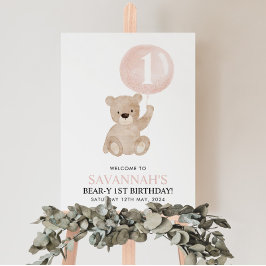 Välkomstskylt för första födelsedag Bear Rosa Ball Poster