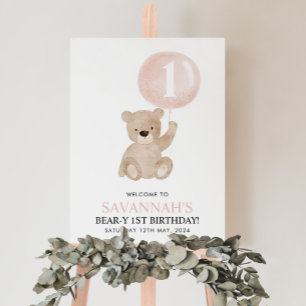 Välkomstskylt för första födelsedag Bear Rosa Ball Poster