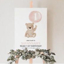 Välkomstskylt för första födelsedag Bear Rosa Ball