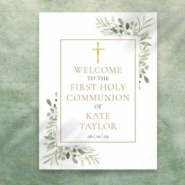 Välkomstskylt för första heliga kommunion med grön poster (Greenery First Holy Communion Welcome Sign)