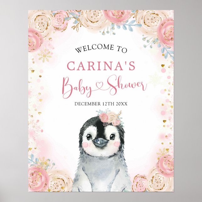 Välkomstskylt för Girl Penguin Winter Snowflake Poster (Framsidan)