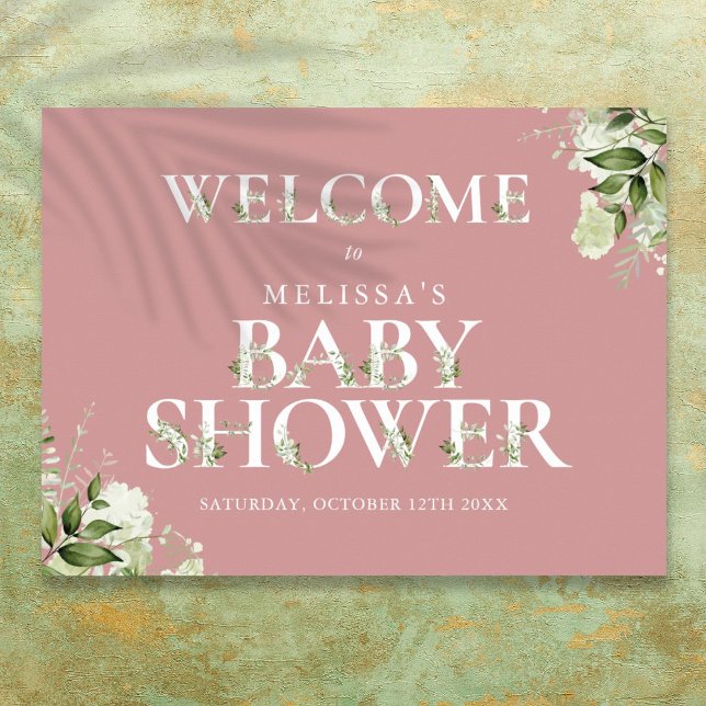 Välkomstskylt för Greenergiy Dusty Rosa Baby Showe Poster (Greenery Dusty Rose Pink Baby Shower Welcome Sign)