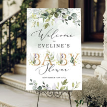 välkomstskylt för greenery babydusch i guld brev