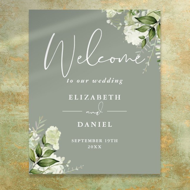 Välkomstskylt för Greenery Blommigt Sage Grönt Brö Poster (Greenery Floral Sage Green Wedding Welcome Sign)