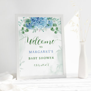 Välkomstskylt för Greenery Blue Hydrangea Baby Sho Poster