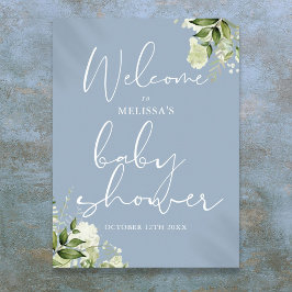 Välkomstskylt för Greenery Dusty Blue Baby Shower Poster
