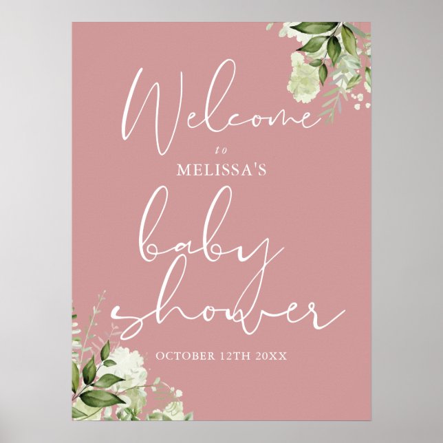 Välkomstskylt för Greenery Dusty Ro Baby Shower Poster (Framsidan)