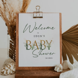 Välkomstskylt för Greenery och Guld Baby Shower Si Poster
