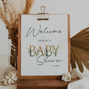 Välkomstskylt för Greenery och Guld Baby Shower Si Poster