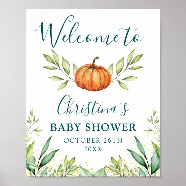 Välkomstskylt för Greenery Pumpkin Fall Baby Showe Poster (Framsidan)