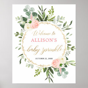 Välkomstskylt för Greenery rosa guld flicka baby s Poster
