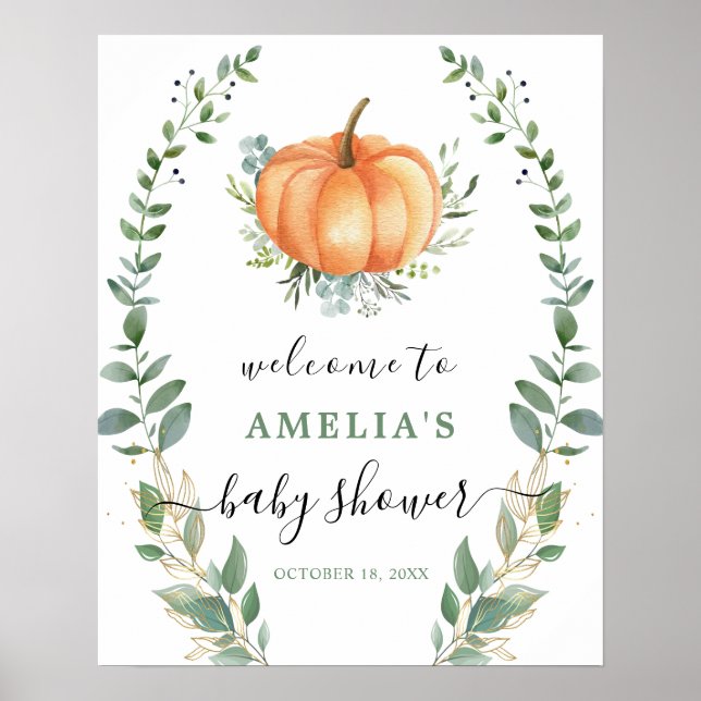 Välkomstskylt för Grey Guld Pumpkin Baby Shower Poster (Framsidan)