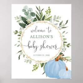 Välkomstskylt för grönblå pumpor för babydusch poster