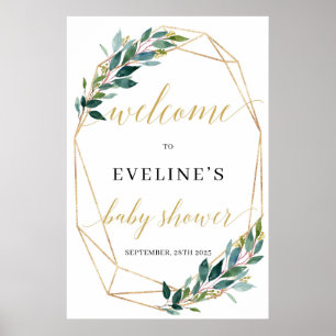 välkomstskylt för grönt eucalyptus guld geometric poster