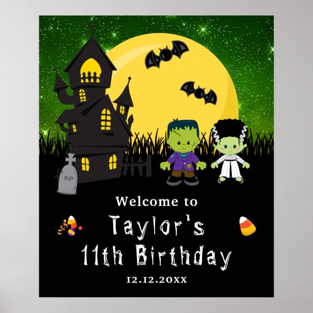Välkomstskylt för Grönten Halloween Birthday Monst Poster (Framsidan)