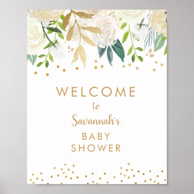 Välkomstskylt för Guld Baby Shower i vit Blommigt Poster (Framsidan)