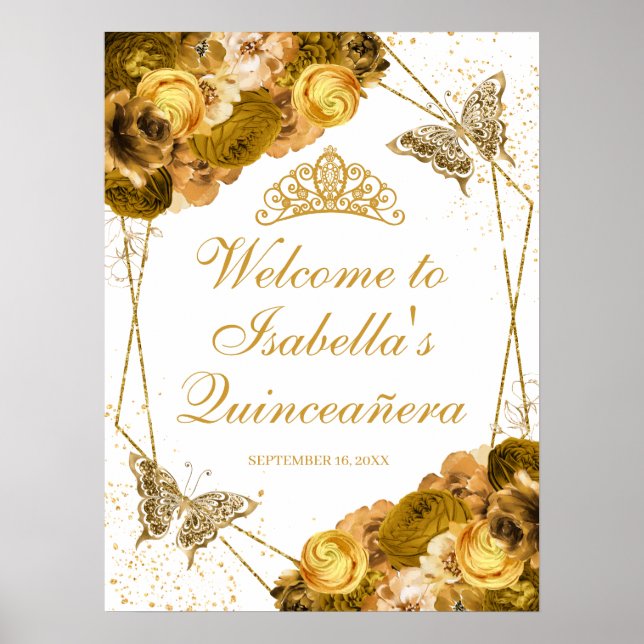 Välkomstskylt för guld Blommigt Quinceanera Poster (Framsidan)