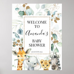 Välkomstskylt för guld Eucalyptus Safari Baby Show Poster