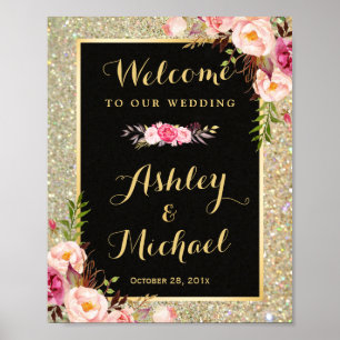 Välkomstskylt för Guld Glitter Sparkles Blommigt B Poster