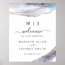 Välkomstskylt för guld och marinblått agate Bröllo