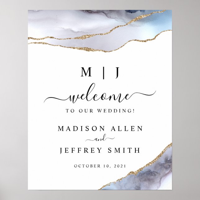 Välkomstskylt för guld och marinblått agate Bröllo Poster (Framsidan)