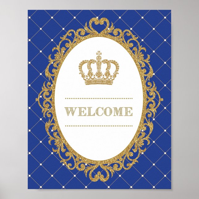 Välkomstskylt för Guld och Royal Blue Baby Prince  Poster (Framsidan)