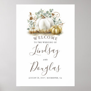 Välkomstskylt för guld och vita pumpar Fall Weddin Poster
