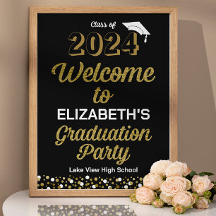 Välkomstskylt för Guld Script Confetti Grad Party Poster
