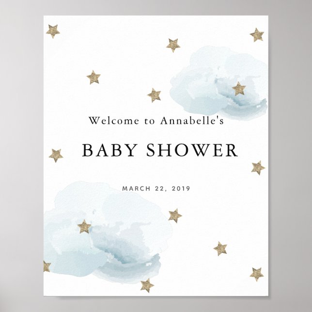 Välkomstskylt för guld Stars & Clouds Baby Shower Poster (Framsidan)