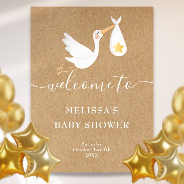 Välkomstskylt för Guld-stjärnans babyvisningsprogr Poster (Rustic Stork Gold Star Baby Shower Welcome Sign)