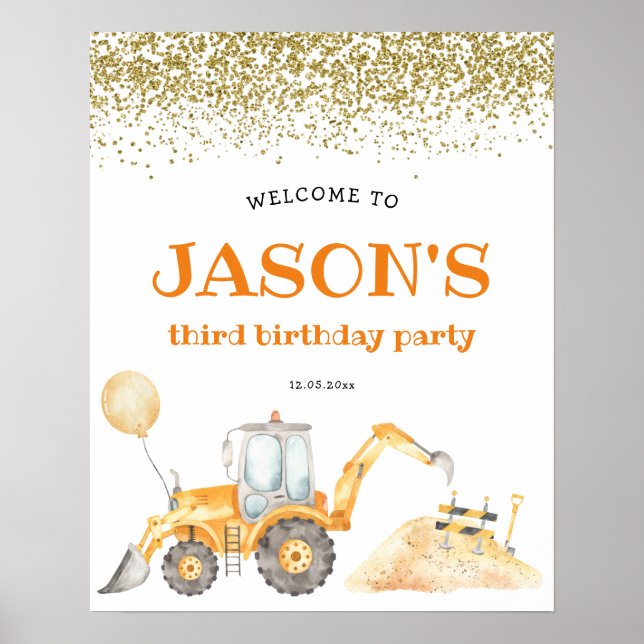 Välkomstskylt för gult Construction Birthday Poster (Framsidan)