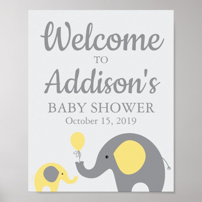 Välkomstskylt för gult Elephant Baby Shower Poster (Framsidan)