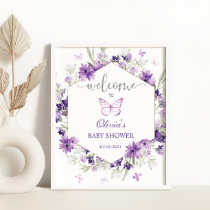 Välkomstskylt för hälsning av lila-butterfly-babyd poster