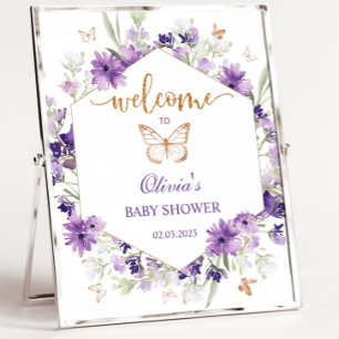 Välkomstskylt för hälsning av lila-butterfly-babyd poster