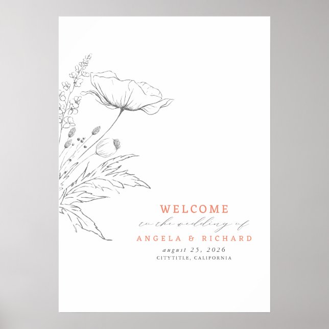 Välkomstskylt för handritade Wildblommor Bröllop Poster (Framsidan)