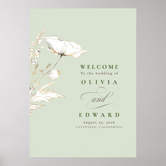 Välkomstskylt för handritade Wildblommor Bröllop Poster (Framsidan)