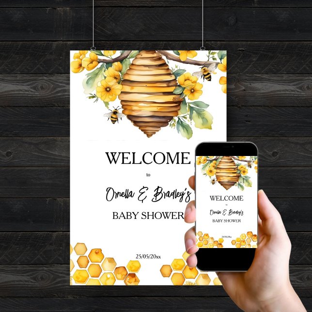 Välkomstskylt för honungsbin poster (Parents to bee honey bee baby shower welcome sign editable template digital download beehive yellow)