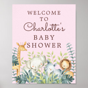 Välkomstskylt för jungle Animals Girls Baby Shower Poster