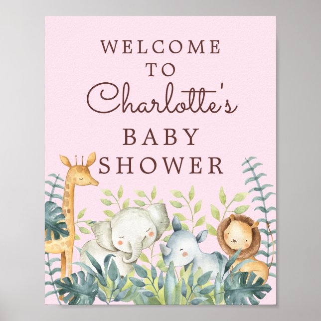 Välkomstskylt för jungle Animals Girls Baby Shower Poster (Framsidan)