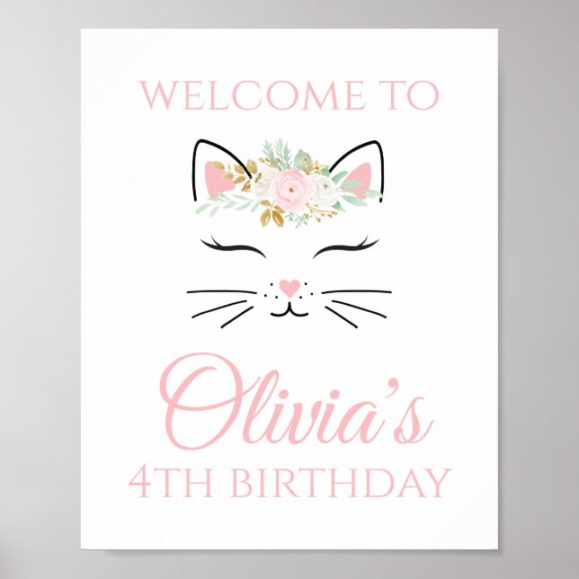Välkomstskylt för kattungens födelsedag med blommi poster (Framsidan)