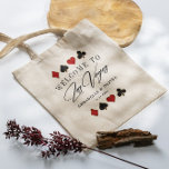 Välkomstskylt för Las Vegas Destination Wedding Tygkasse<br><div class="desc">Modern,  elegant Las Vegas Destination Wedding Välkommen Bag. Utformningen har skript och guld i Las Vegas,  klubbar,  diamanter,  hjärtan och spadikoner i guld elegant ram och detaljer i trendigets text på framsidan.</div>