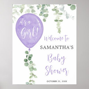 Välkomstskylt för lila-ballong-eukalyptus-babydusc poster