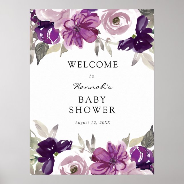 Välkomstskylt för lila Blommigt Baby Shower Poster (Framsidan)
